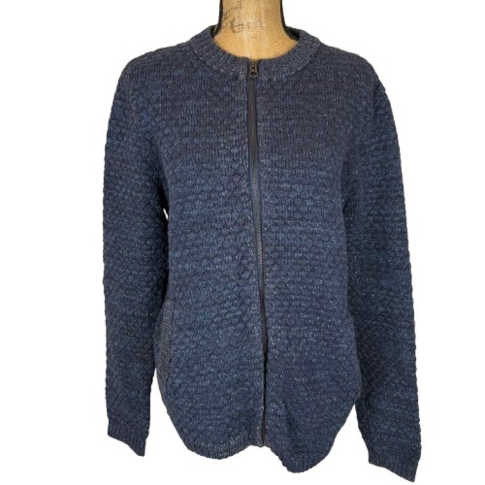 H&M L.O.G.G. Mens Full Zip Cardigan Sweater Blue Textured Knit‎ Cotton Medium